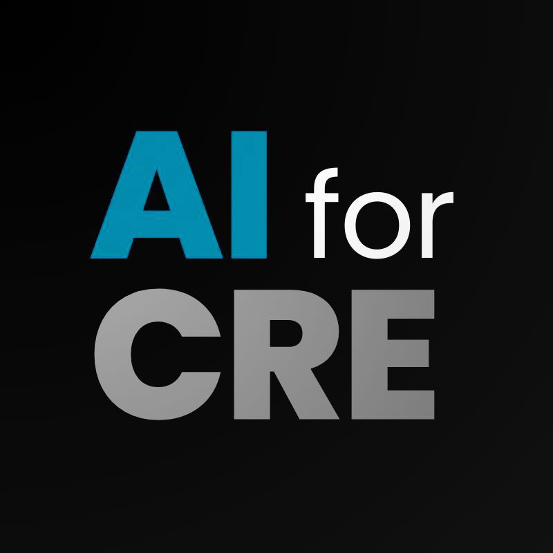 Text reads 'AI for CRE' on a black background, with 'AI' in blue, 'for' in white, and 'CRE' in gray.