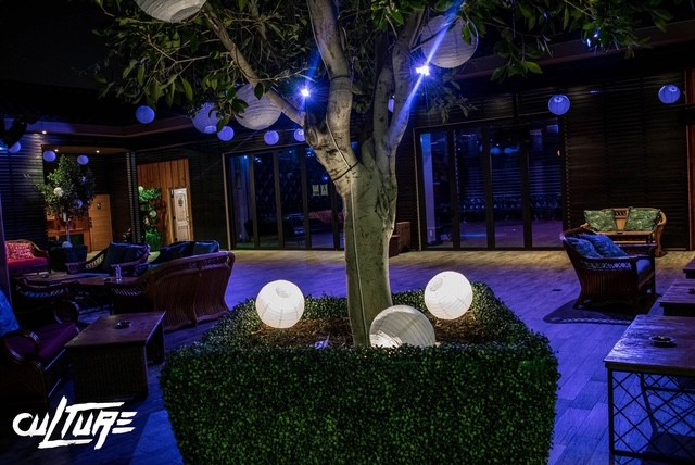 Nighttime outdoor patio with a tree, illuminated spherical lights, and seating areas with chairs and tables.