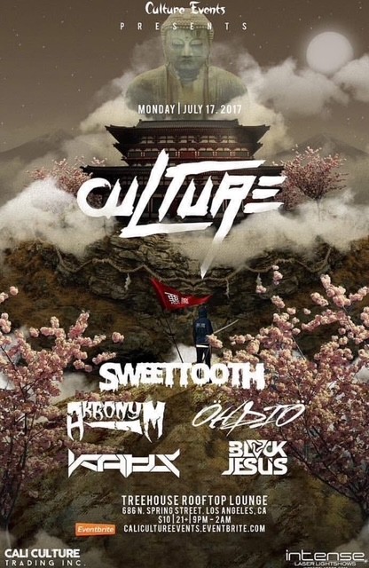 Event poster with a person in the background, clouds, pink flowers, and text about a music event on July 17, 2019.