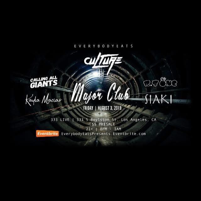 Event poster for a music event at Major Club, featuring various artists, date, location, and ticket info.