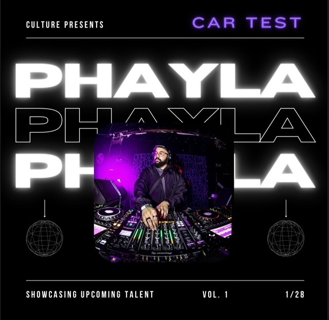 DJ performing at a music event with colorful lighting and equipment, promotional poster background with text and graphics.