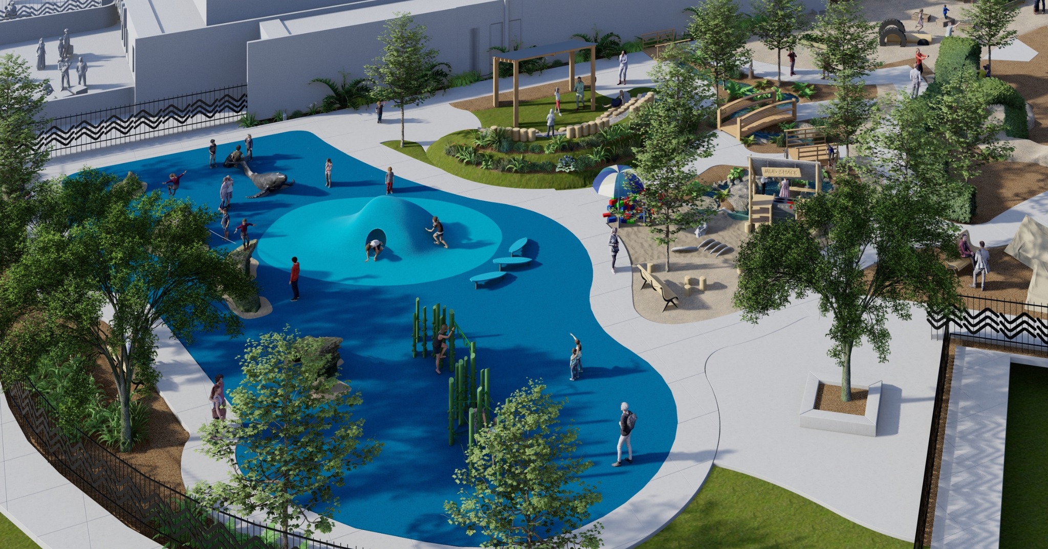 A water park with a blue splash pad, trees, seating areas, and pathways, with people enjoying the area.