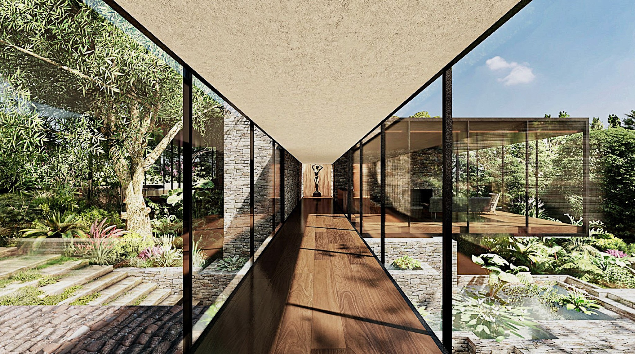Long glass corridor with views of garden on both sides, wooden floor, and ceiling above.