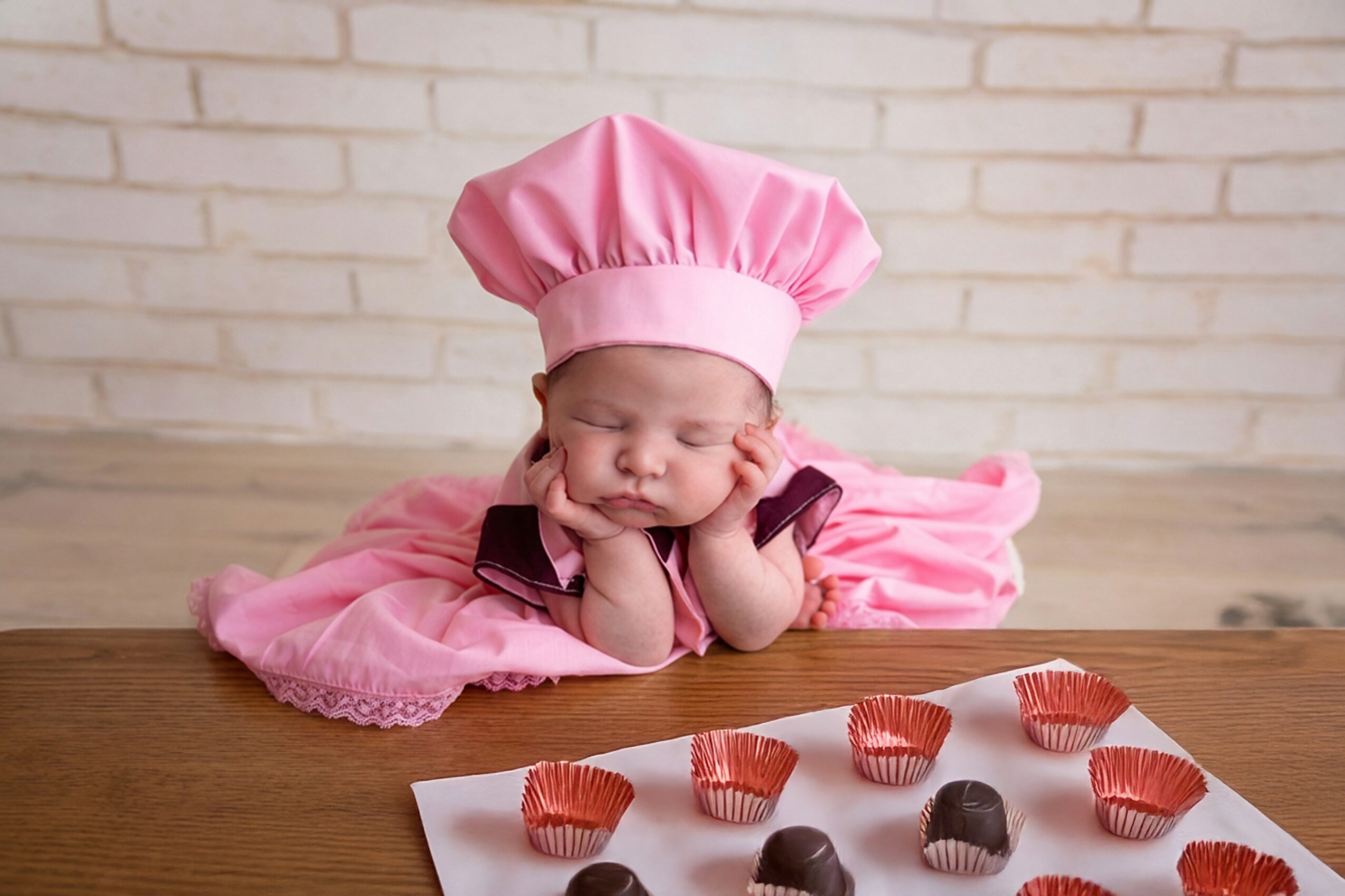 Baby dressed as a chef in pink hat and dress, resting head on hands on table with cupcake liners nearby.