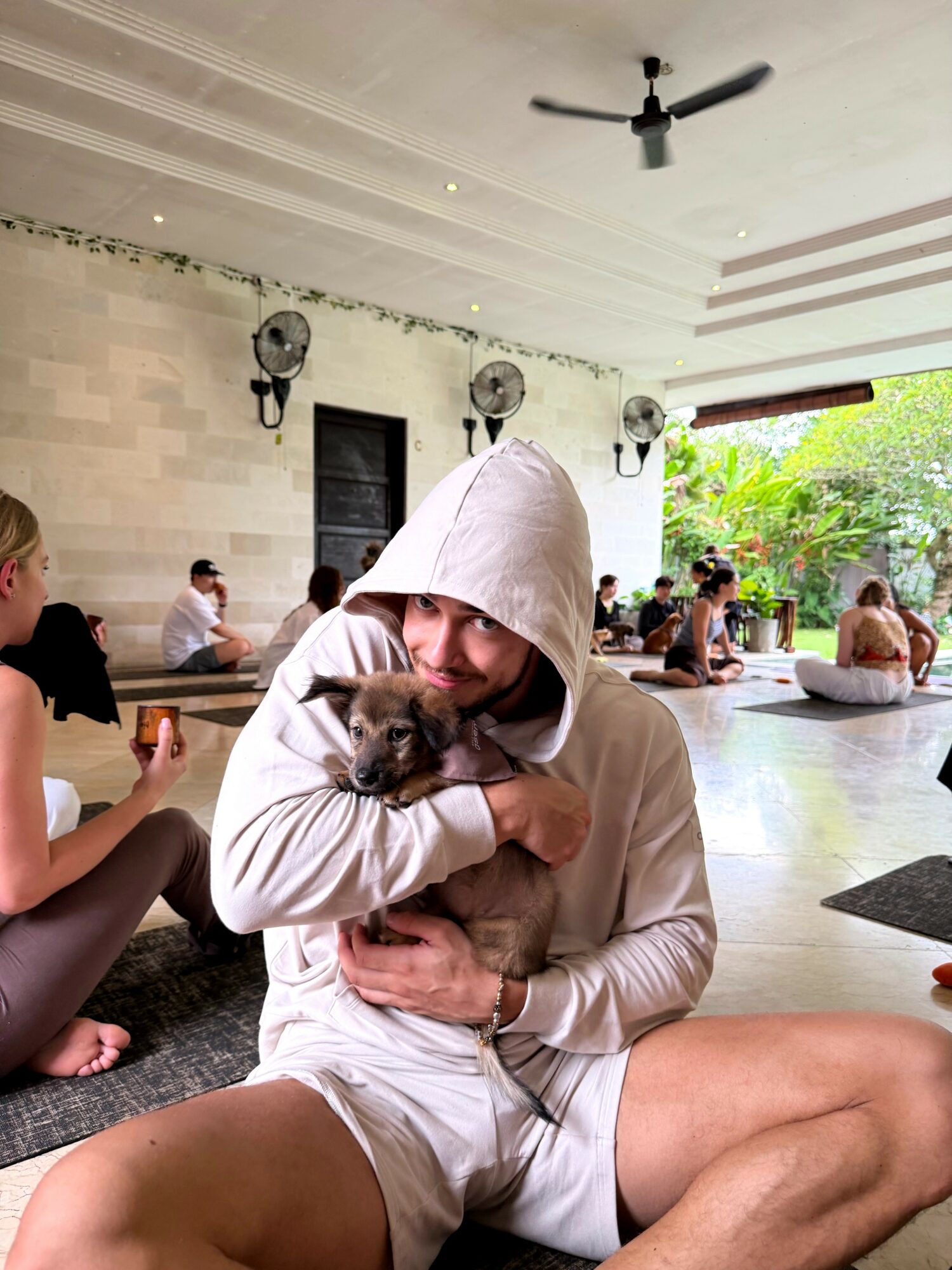 Person in hoodie holding a small dog indoors with people sitting in the background.