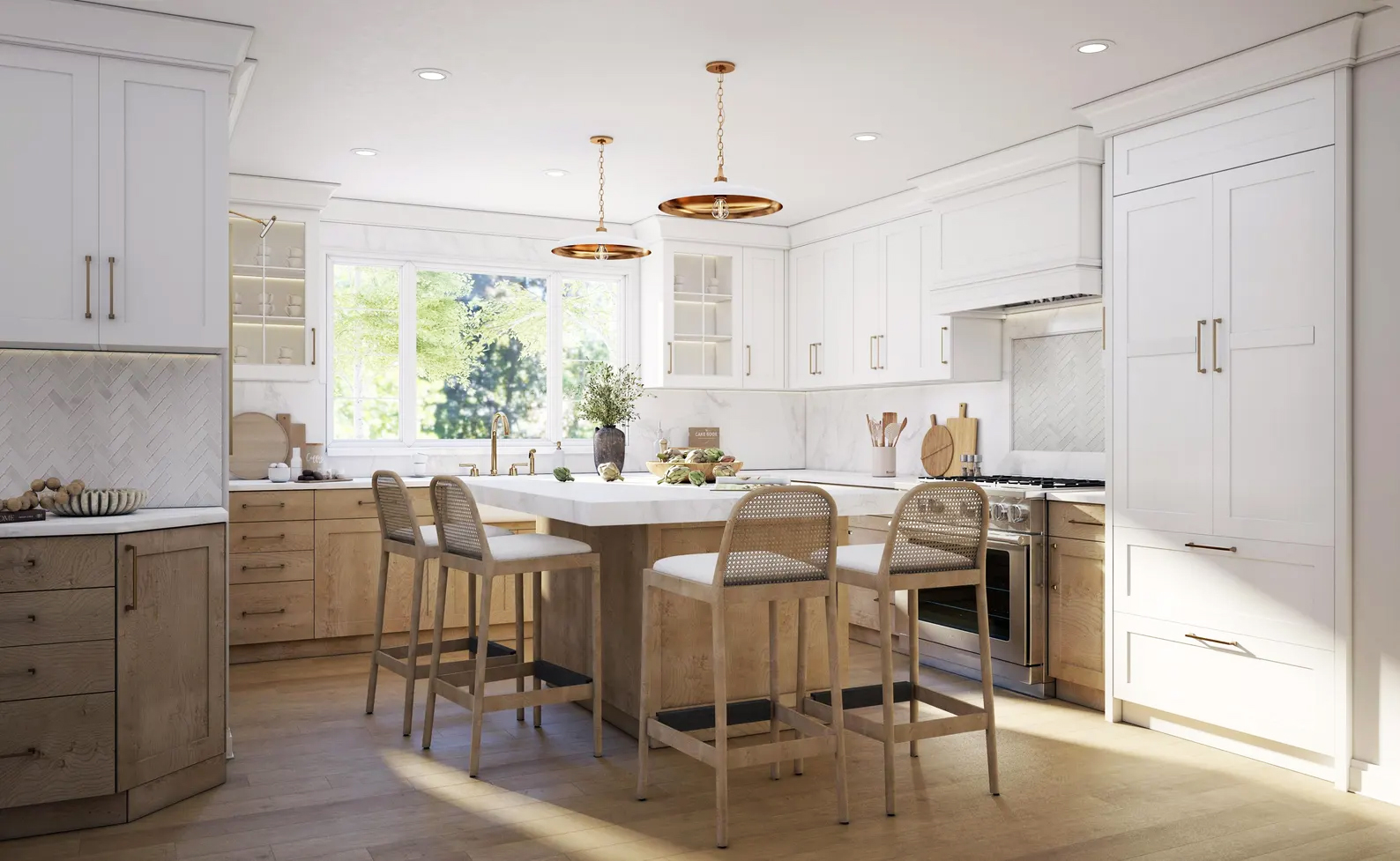Bright kitchen with white cabinets, island, four chairs, large window, and modern lighting fixtures.