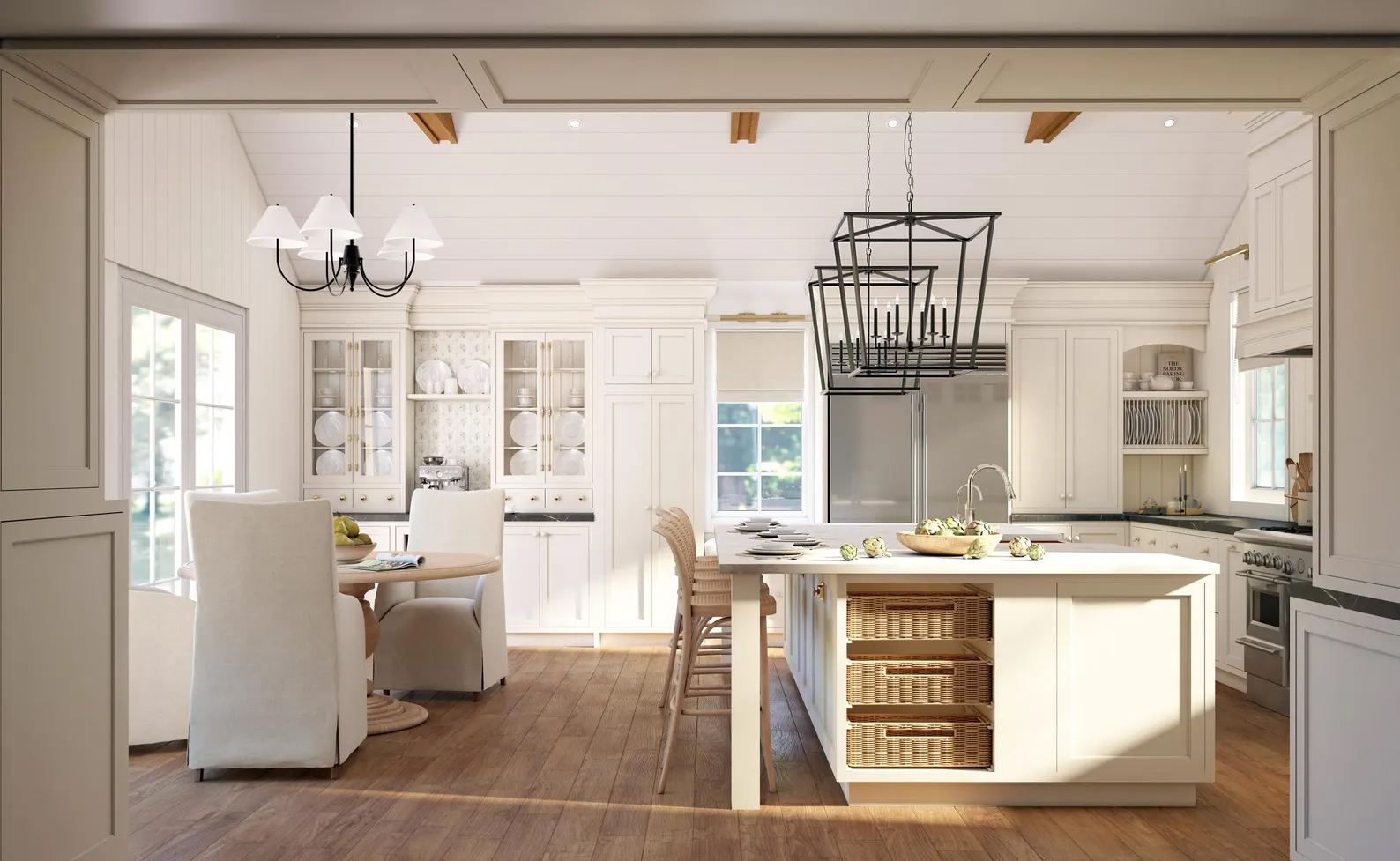 Bright kitchen and dining area with white cabinets, island, and seating, illuminated by natural light from windows.