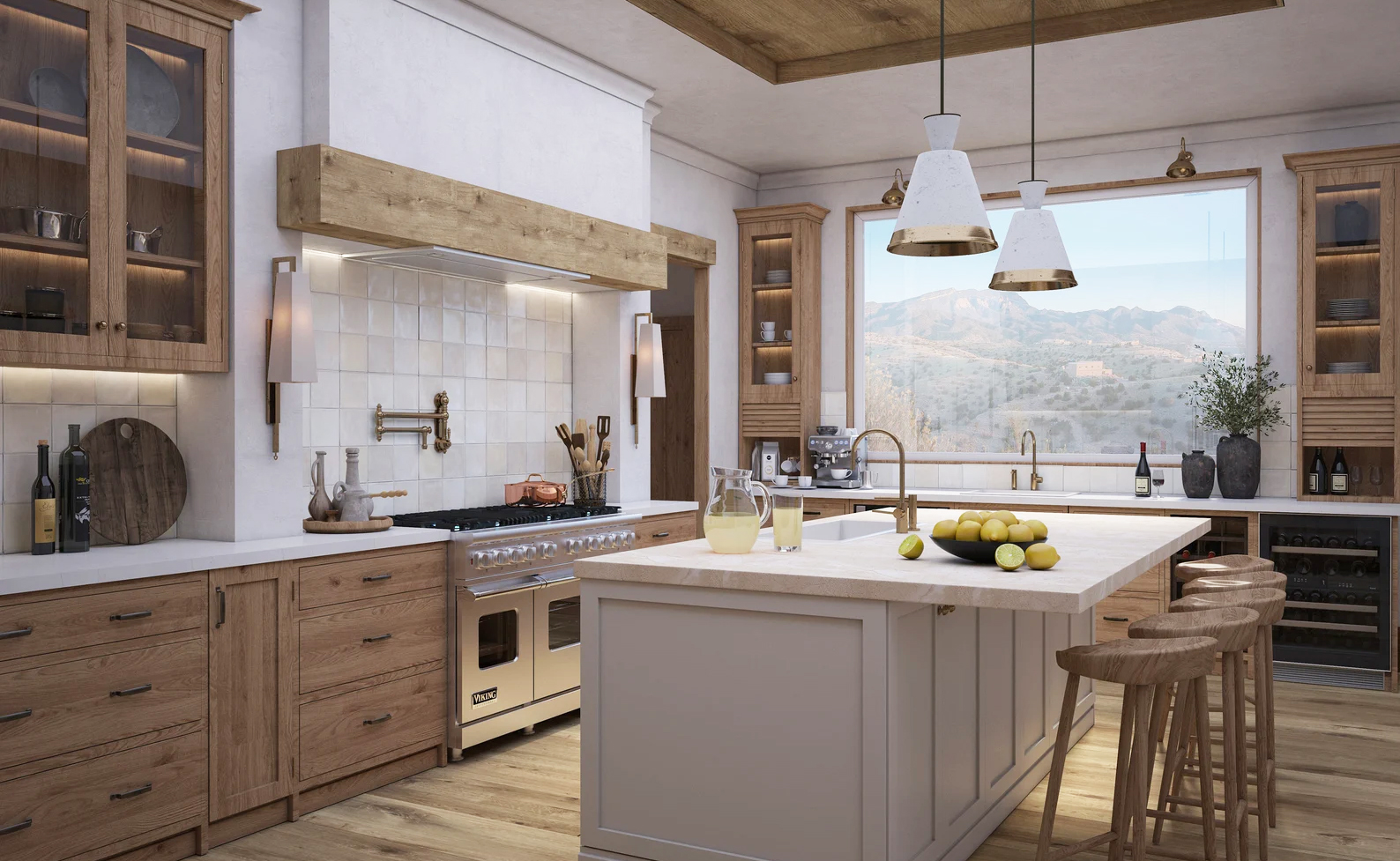Modern kitchen with white and wooden cabinets, island with stools, and large window showing outdoor scenery.