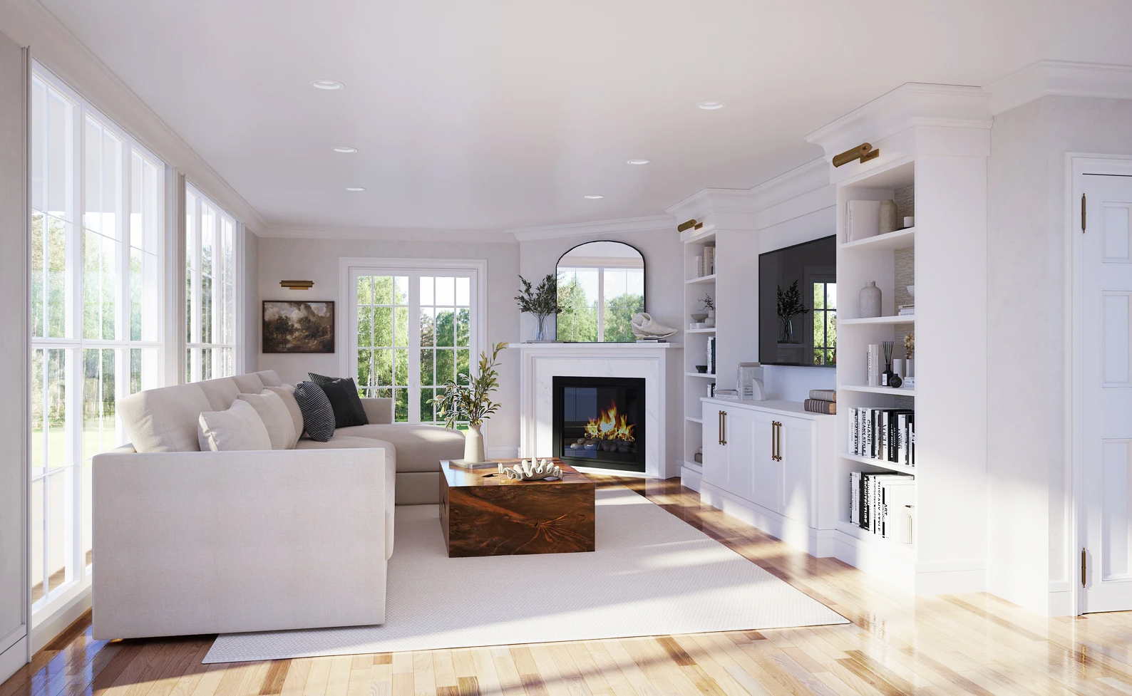 Bright living room with white sofa, fireplace, TV, built-in shelves, large windows, and hardwood floor.