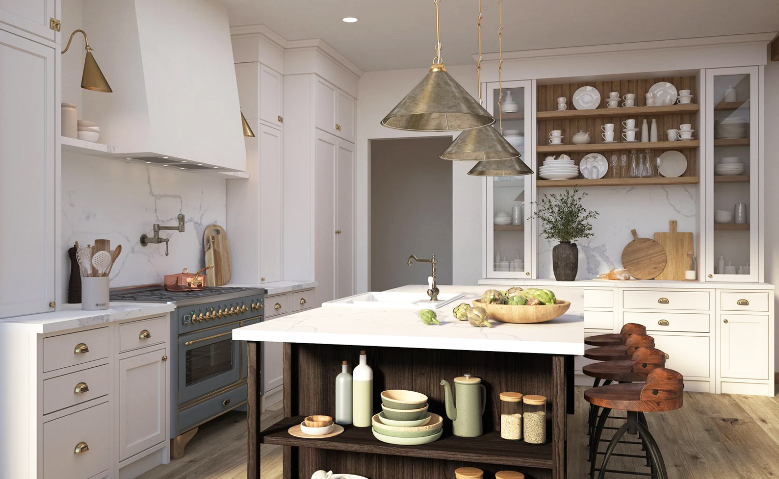 Modern kitchen with white cabinets, island, open shelving, and pendant lights, featuring a stove, dishes, and decorative items.