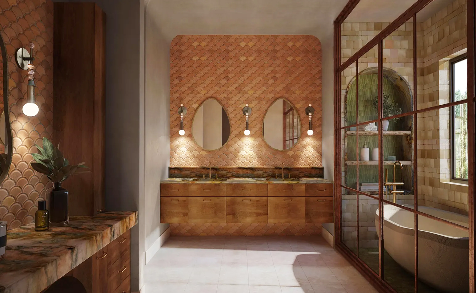 Bathroom with three mirrors, wooden vanity, brick wall, and a glass partition with a bathtub outside.