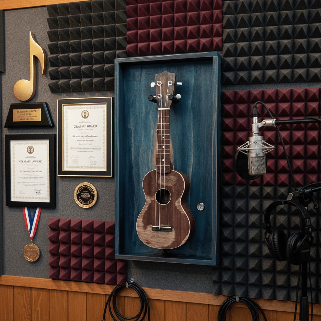 Ukulele displayed in a glass case on a wall with soundproofing foam, awards, and a microphone nearby.