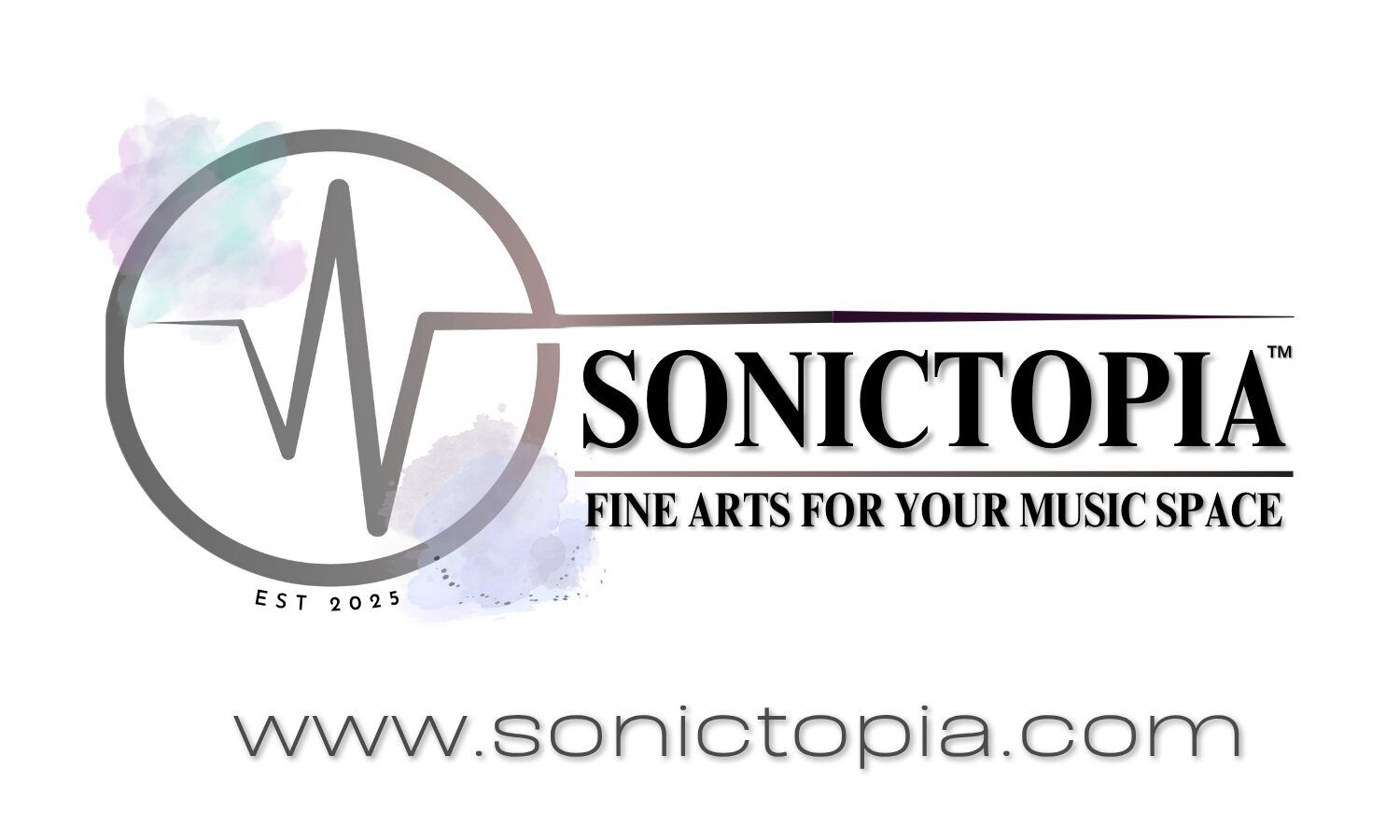 Logo with a circle, heartbeat line, and text: SONICTOPIA, tagline, and website URL.