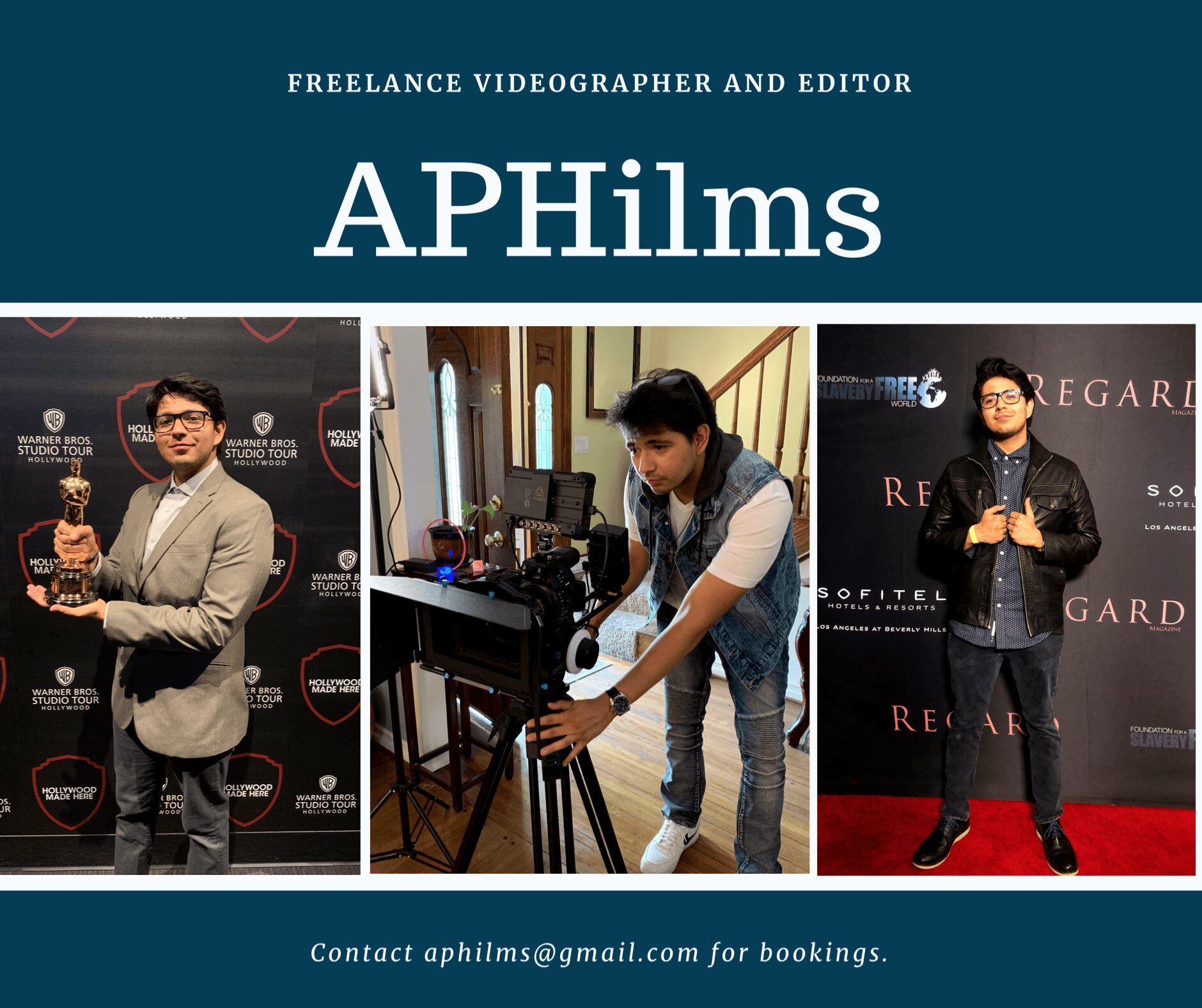 Three images of a young man: holding an award, operating a camera, and standing at a backdrop.