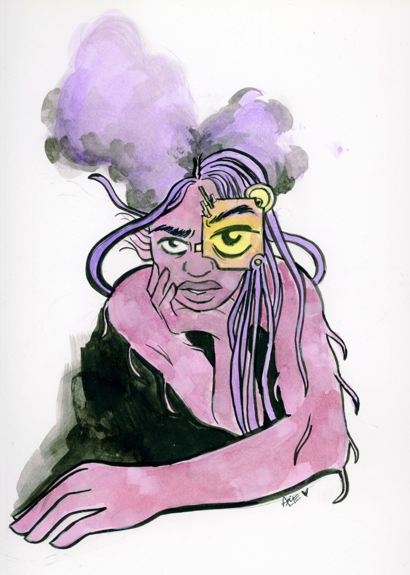 Illustration of a person with purple hair, yellow glasses, and striped hair, resting chin on hand, with a white background.