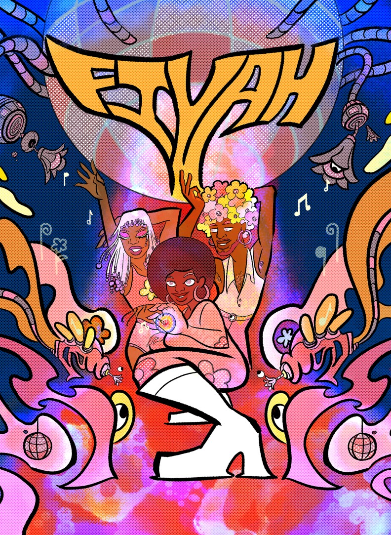 Colorful illustration of women with flowers and music notes, surrounded by abstract shapes and vibrant patterns.