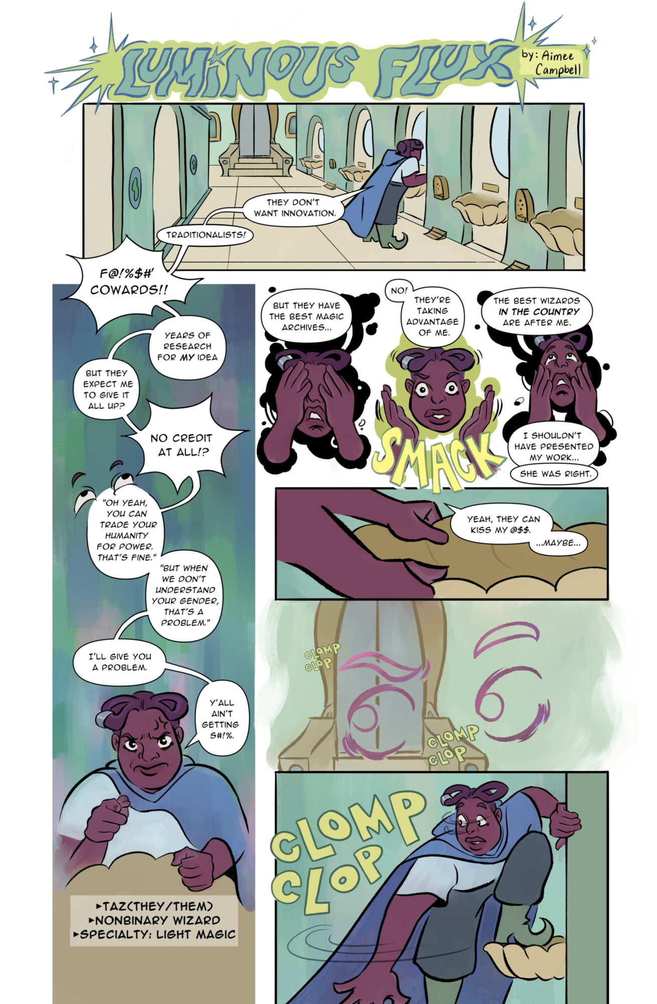 Comic strip with two characters, one purple and one blue, discussing a plan and performing actions, with speech bubbles and sound effects.