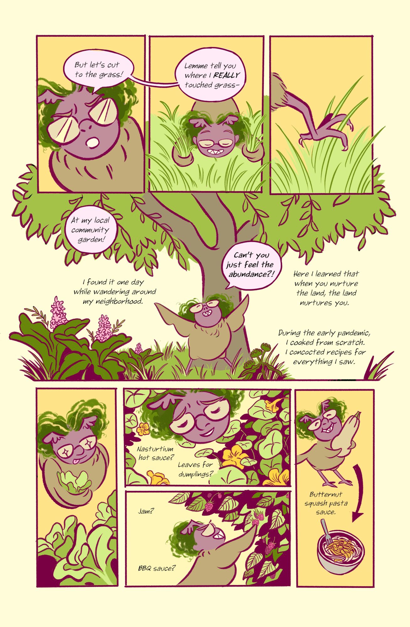 A cartoon pig with glasses and a plant in a garden, talking to a purple creature. Multiple panels show the pig and garden scenes.