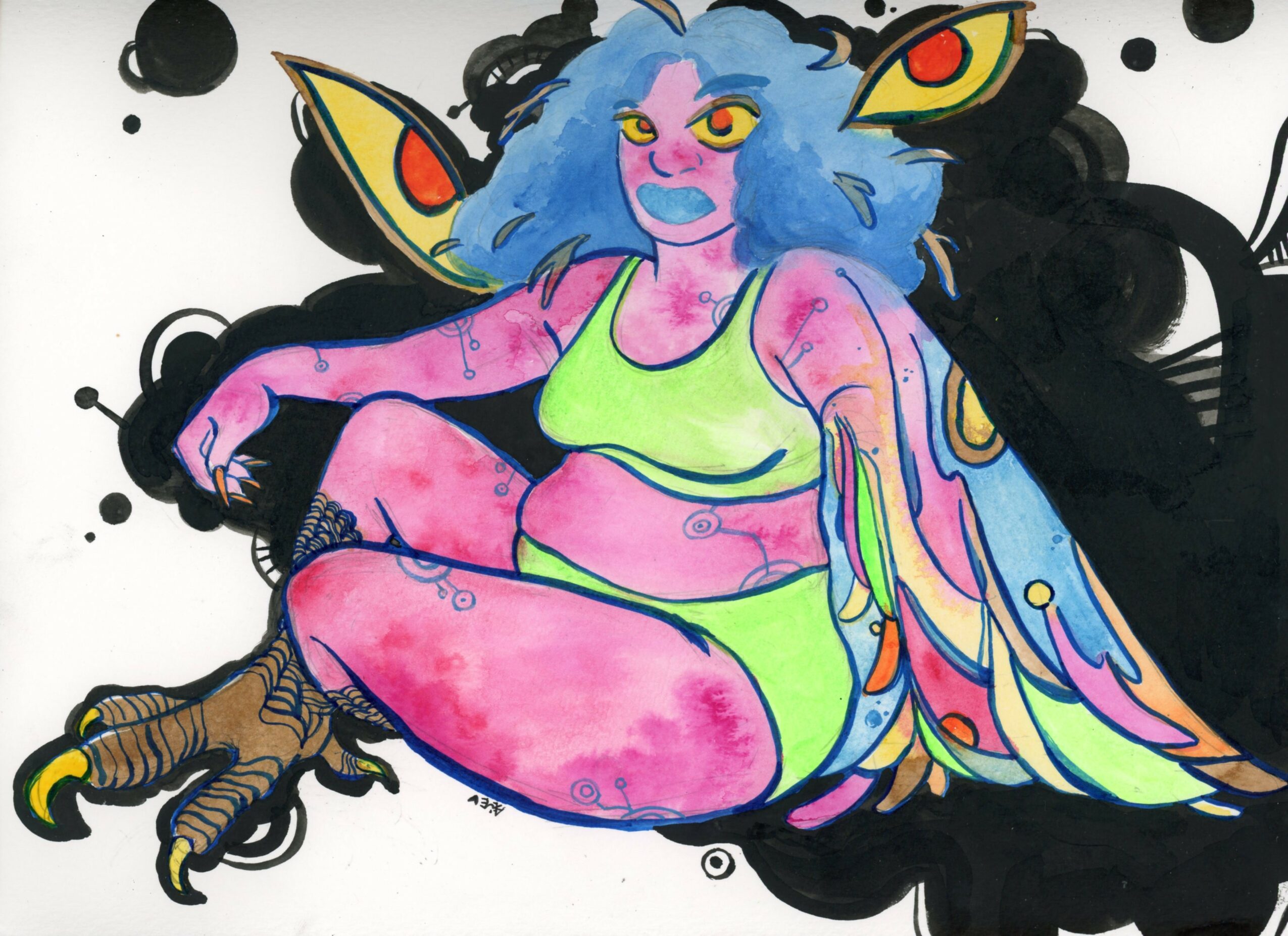 Colorful illustration of a humanoid creature with blue hair, pink skin, butterfly wings, and animal-like feet, sitting with one leg crossed.