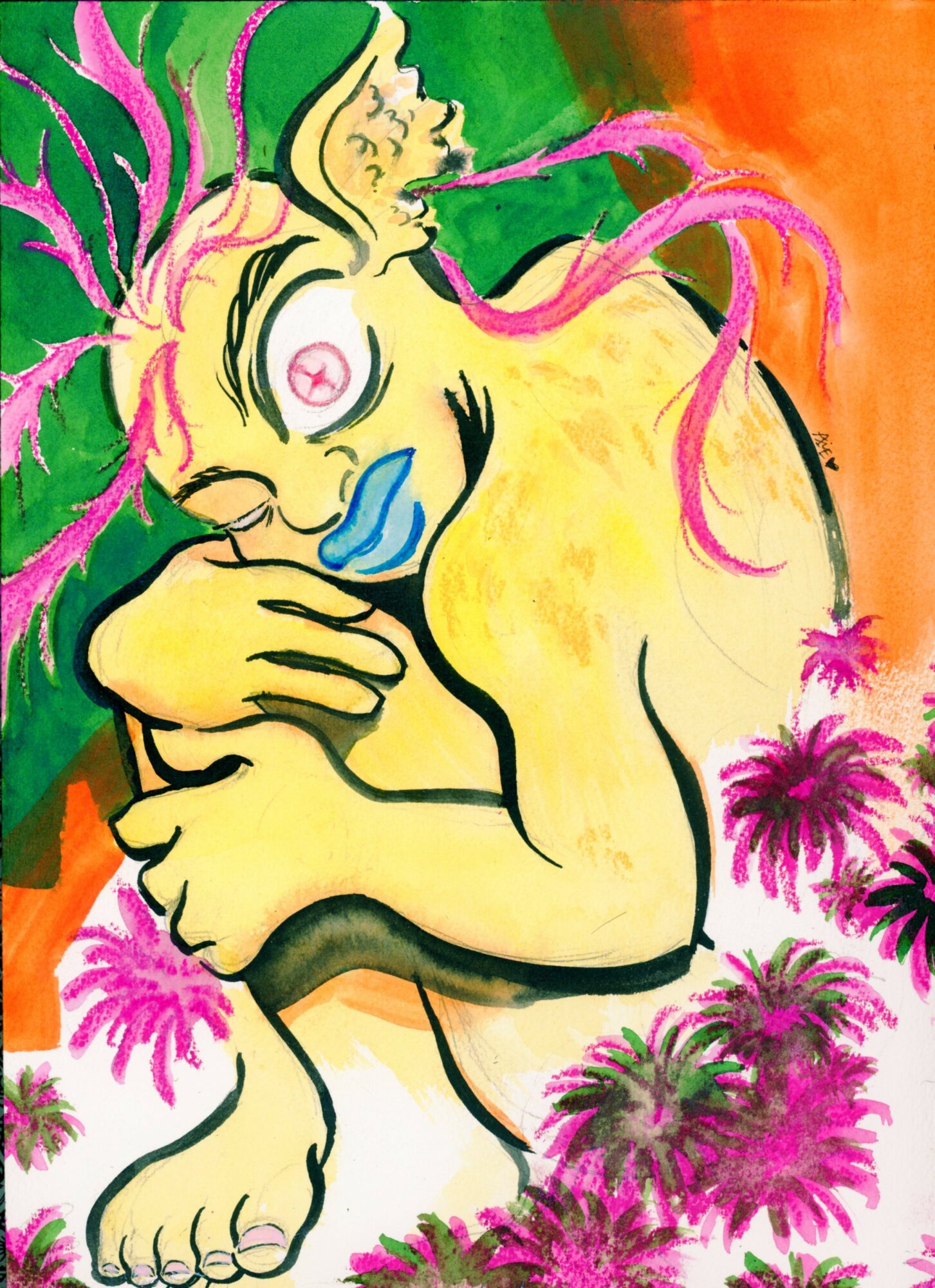 Colorful abstract painting of a person hugging themselves with vibrant pink, green, yellow, and orange background.