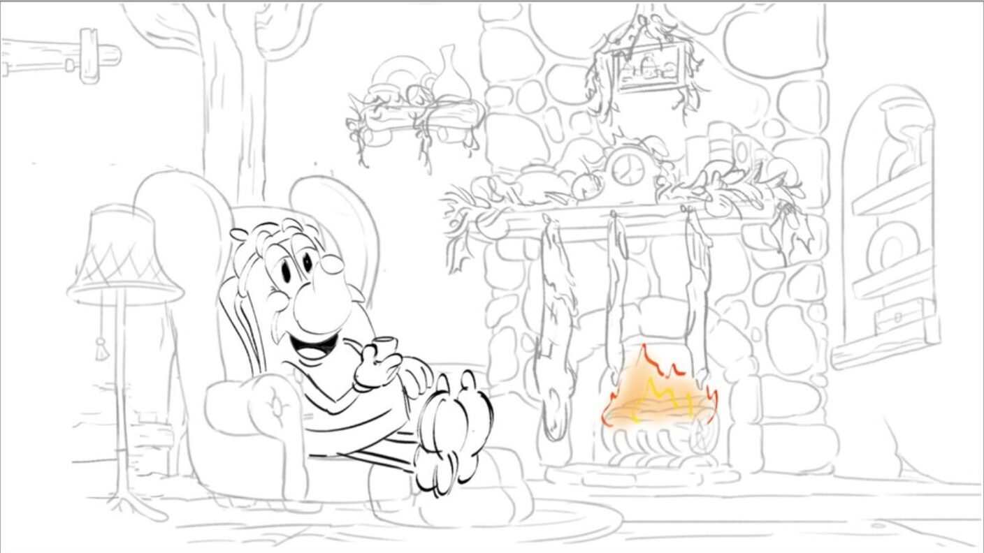 Line drawing of a dog sitting in a chair, holding a bone, near a fireplace with a fire burning.