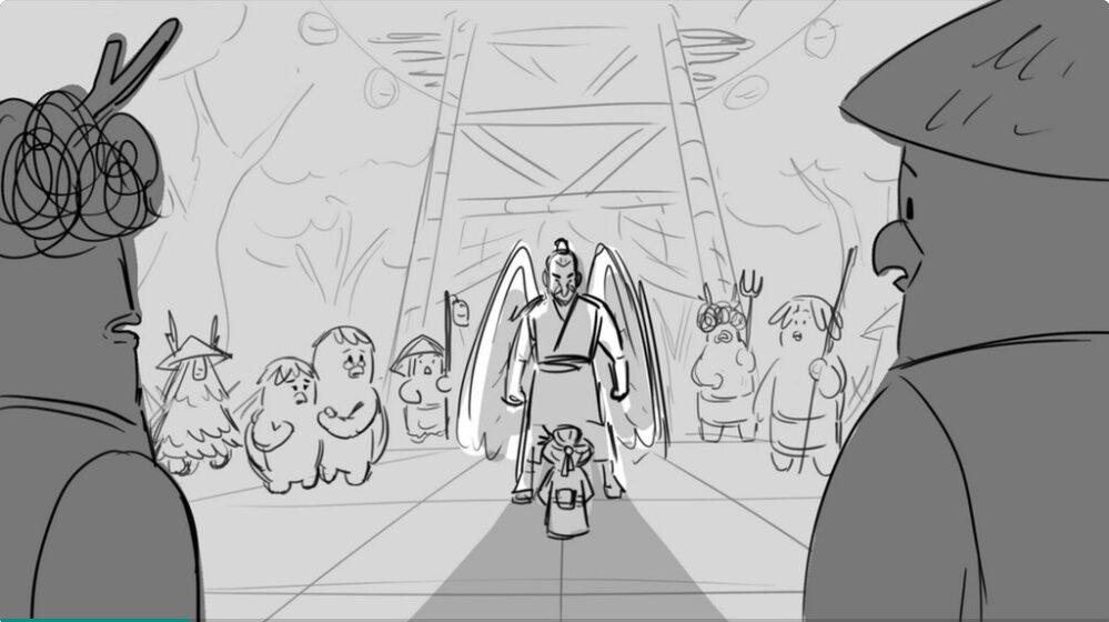 A person with wings and a staff stands on a bridge with children and animals, viewed from two people in the foreground.