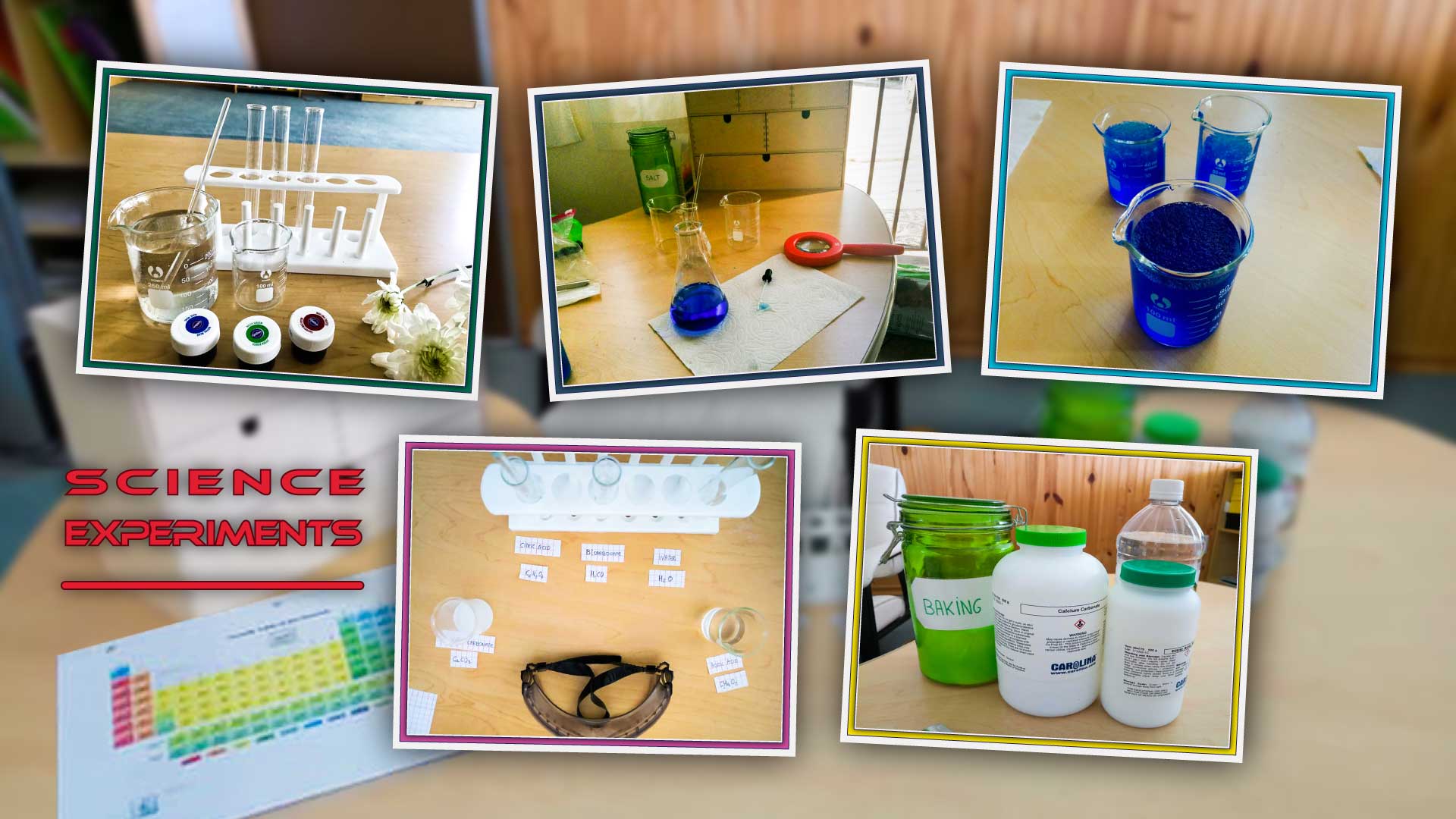 Five photographs of science experiments and supplies, including test tubes, liquids, and chemicals, arranged on a table with a chart.