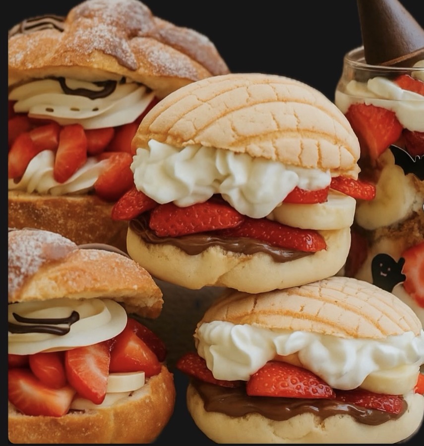 Assorted desserts including strawberry-filled cream puffs, strawberry shortcakes, and a chocolate dessert with strawberries.
