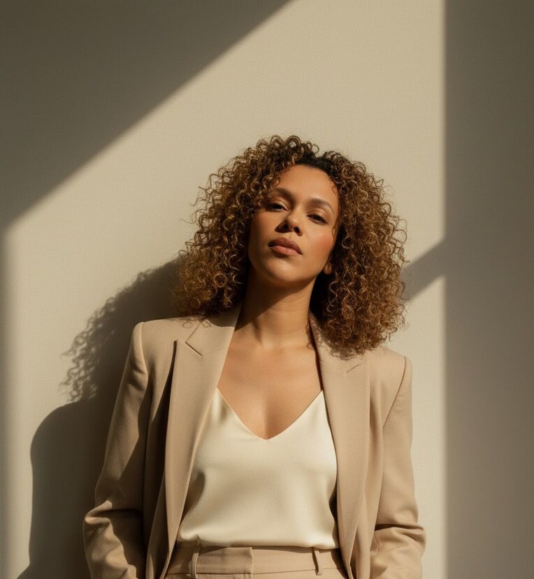 Woman with curly hair in beige blazer and white top standing against a wall with sunlight and shadow.