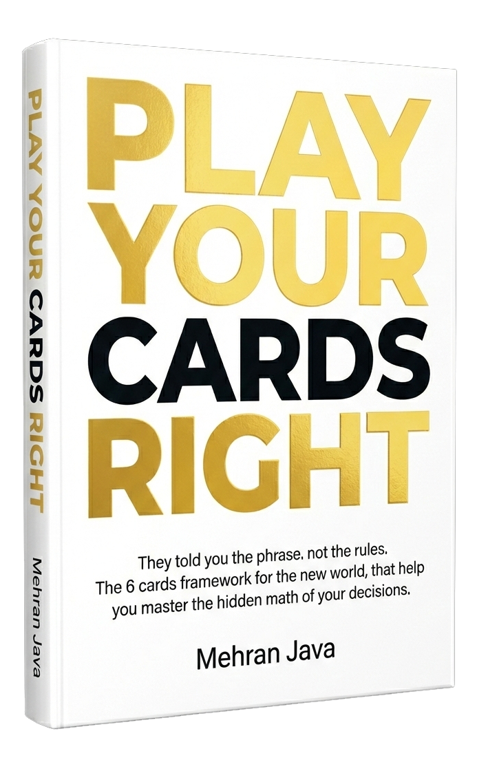 Book cover titled 'Play Your Cards Right' with subtitle and author's name, featuring a white background and bold text.