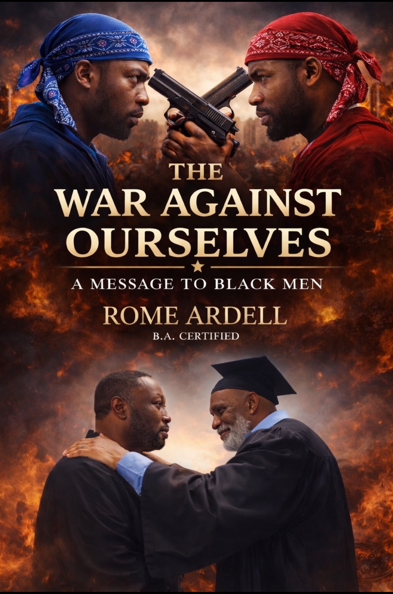 Two men face each other with guns, and two men in graduation attire embrace, against a fiery background.