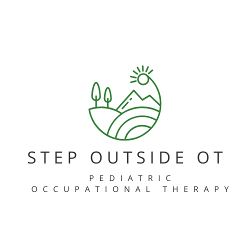 Logo with mountains, trees, sun, and hills, with text about pediatric occupational therapy.