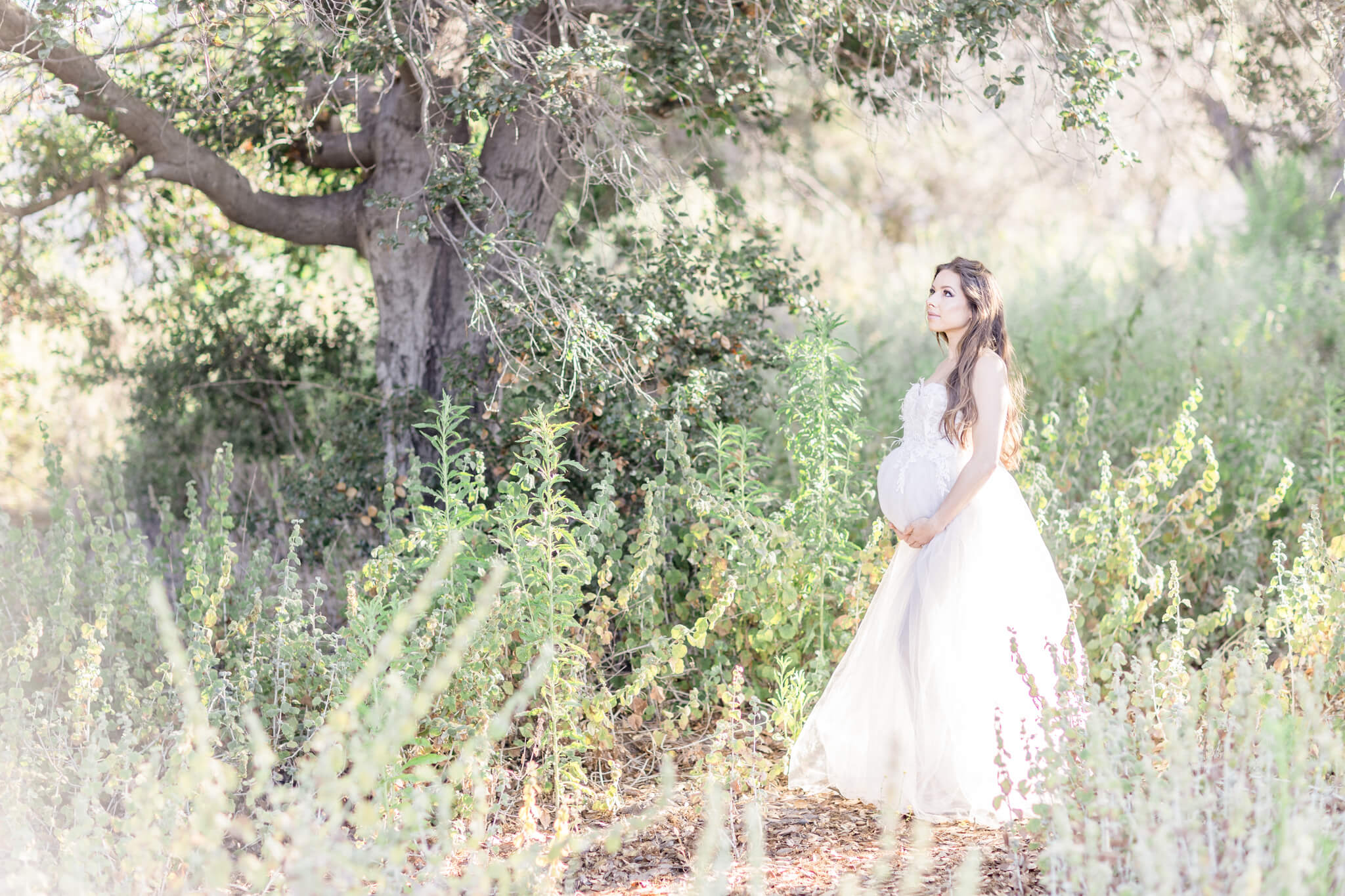 Pregnant woman in a white dress standing in a grassy field with trees and bushes.