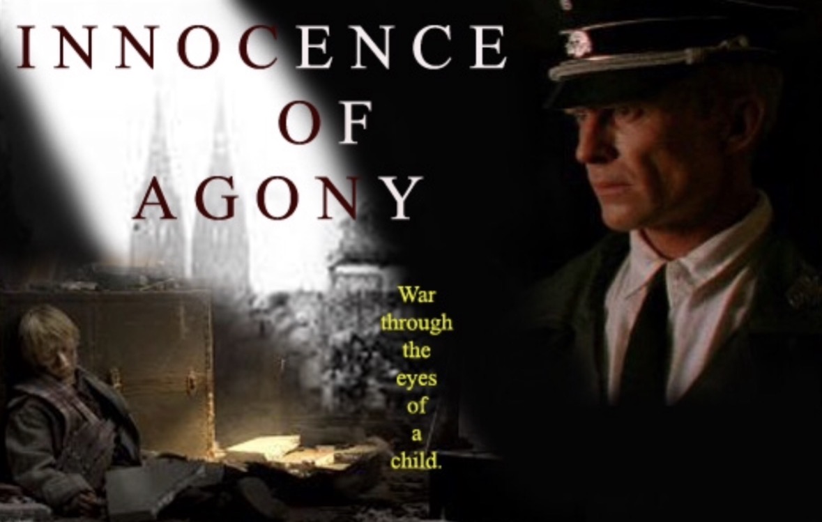Man in uniform looking to the side, woman sitting at a desk, dark background, text about innocence and war.