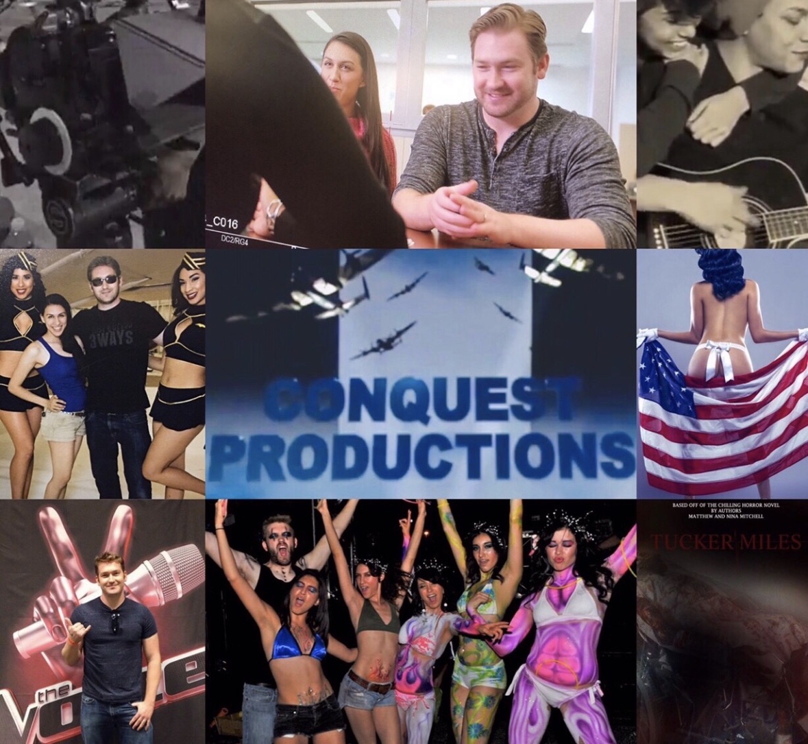 Group of people, some dancing, a person with a guitar, and a logo for Conquest Productions.