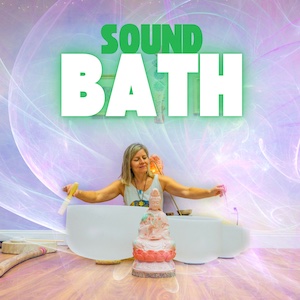 Person with arms outstretched behind a bathtub with a cake in front, colorful background, text 'SOUND BATH'.