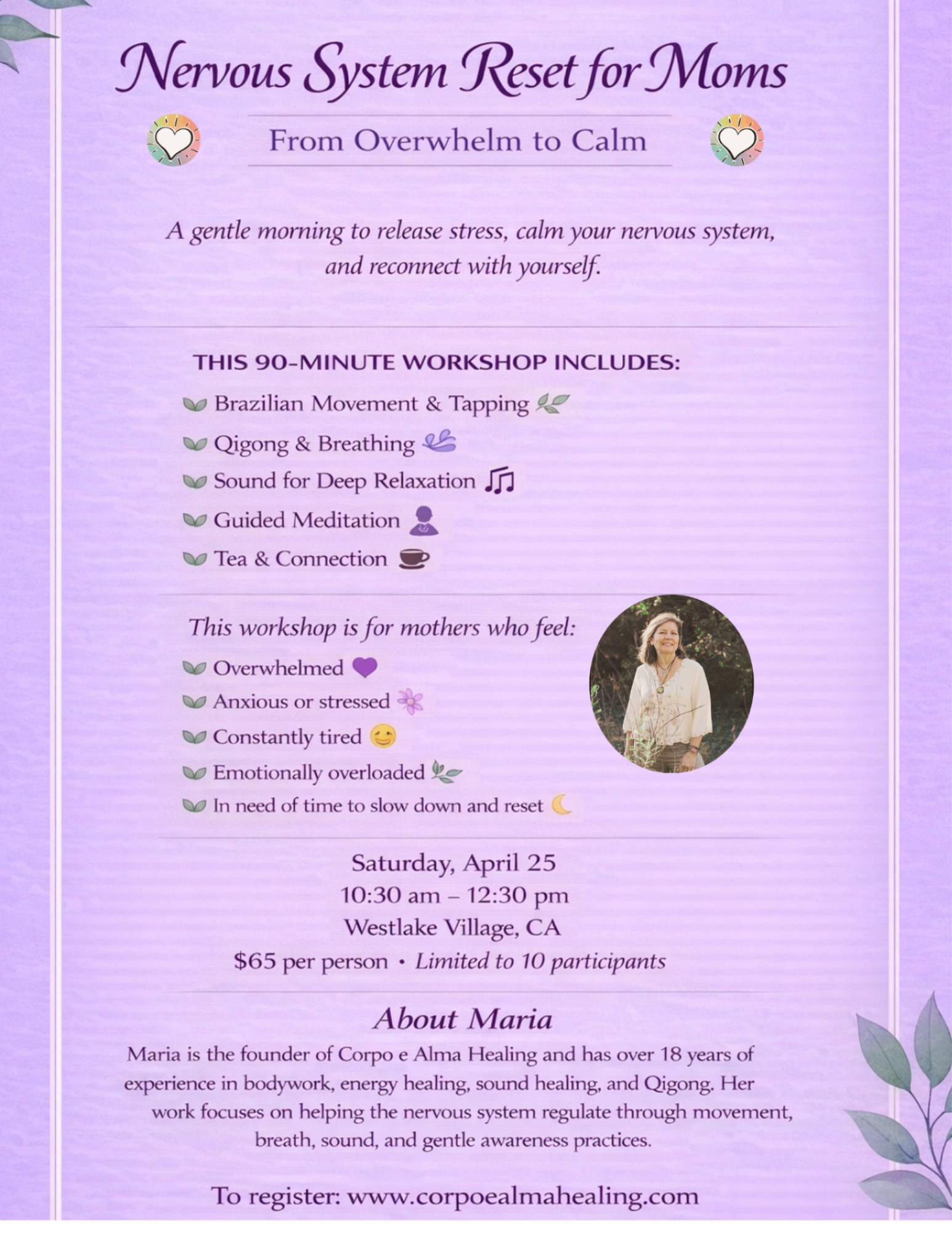 Workshop flyer with pink and purple background, promoting a 90-minute session for moms to relax and calm nerves.