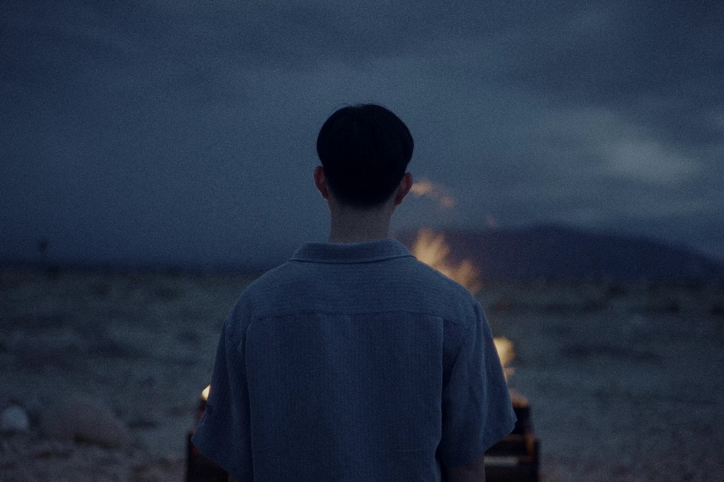 Person with short dark hair seen from behind, standing outdoors at dusk or night, with a fire burning in the background.