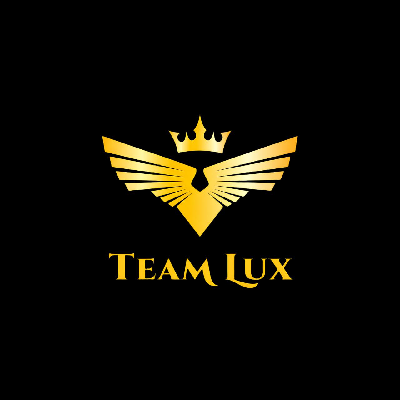 Gold crown, wings, and shield logo with text 'TEAM LUX' on black background.