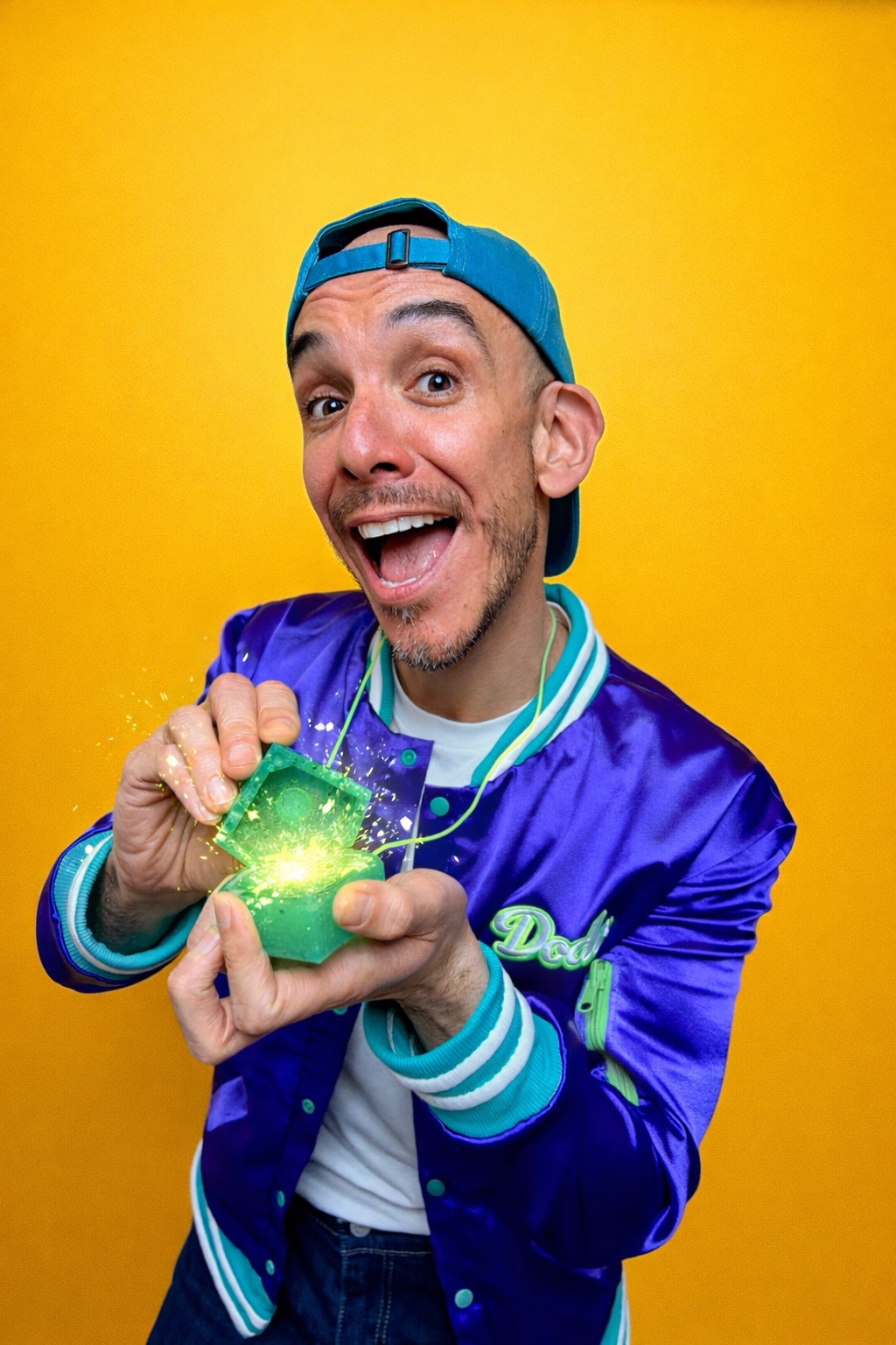Man wearing a blue cap and jacket holding a glowing green object, smiling against a yellow background.
