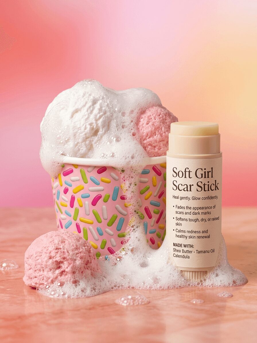 Ice cream with foam, colorful sprinkles, and a soft girl scar stick beside it on a pink surface.