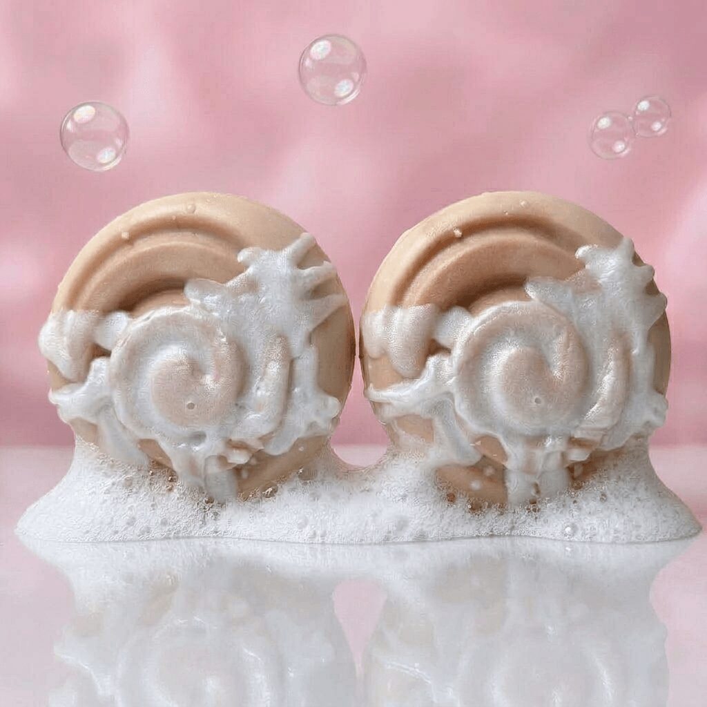 Two round cookies with white icing and foam, on a reflective surface with bubbles and pink background.