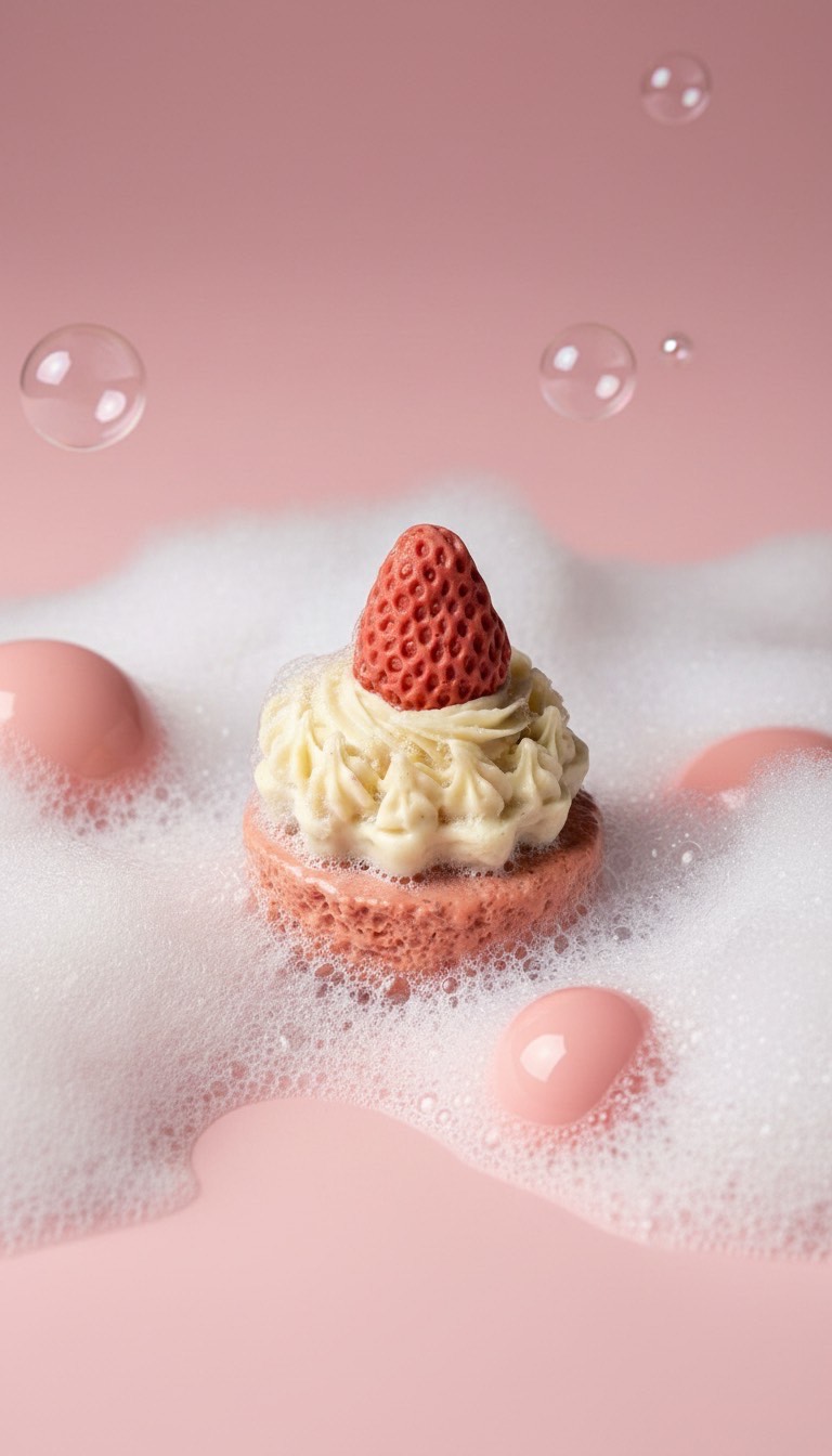 Dessert with cream, a strawberry on top, surrounded by pink eggs and bubbles on a pink background.