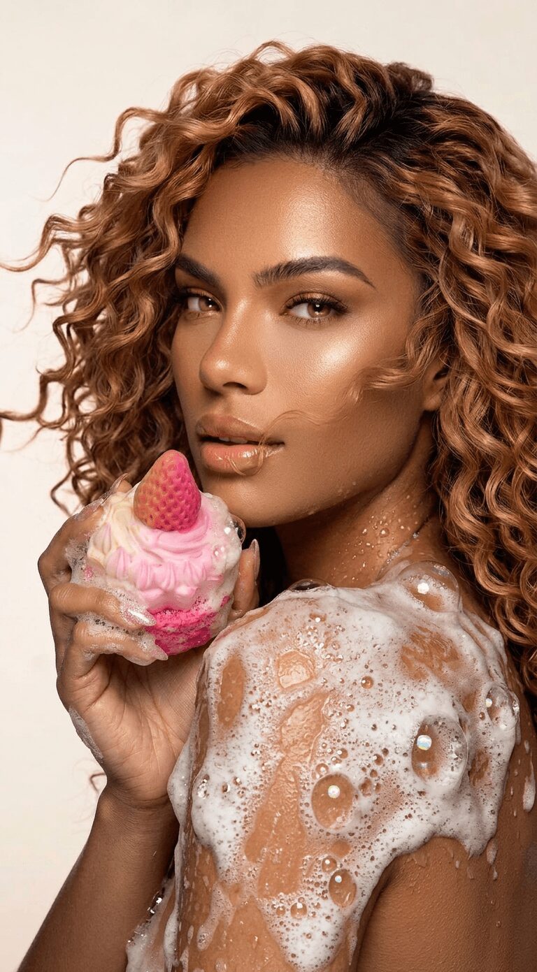 Woman with curly hair holding a pink cupcake with a strawberry, surrounded by soap bubbles on her shoulder.