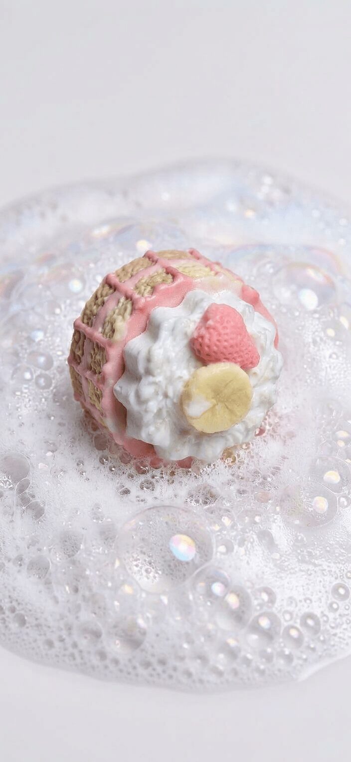 Pink bath bomb with white foam, decorated with small pink, yellow, and white shapes, surrounded by bubbles.