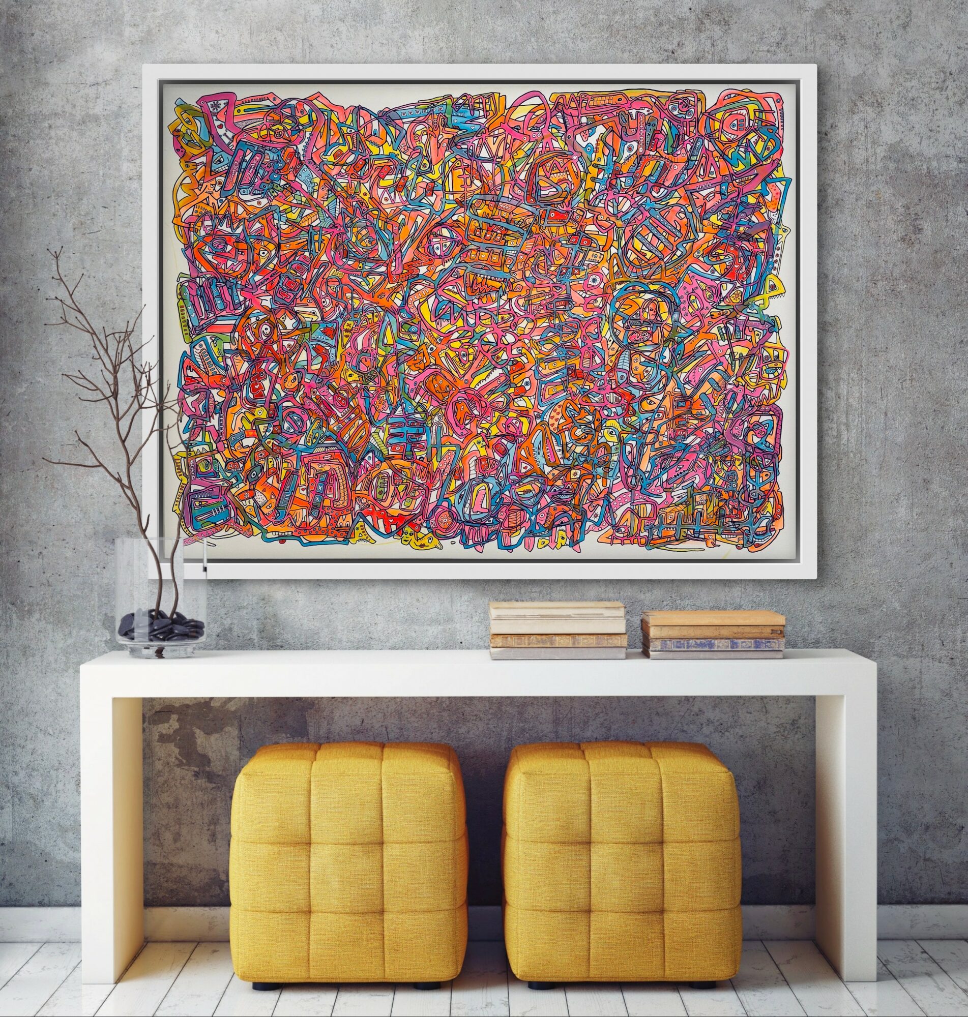 Colorful abstract artwork with tangled lines hangs above a white console table with two yellow cushioned stools.