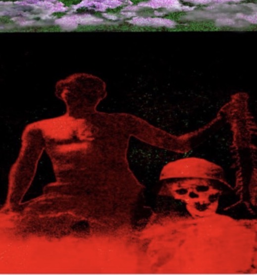 Person holding a skull and a bottle, with a red filter effect, in a dark setting.