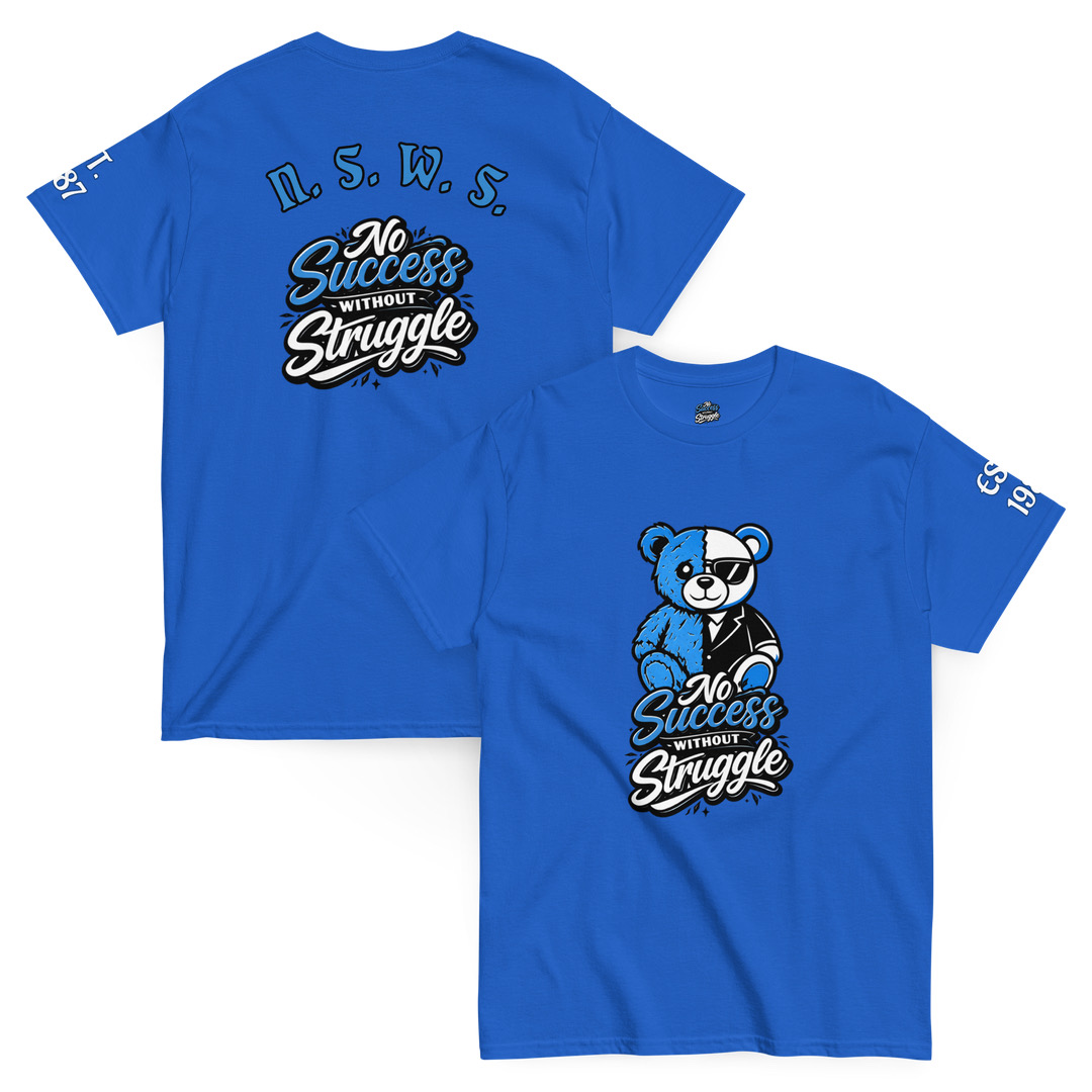 Two blue T-shirts with graphic designs and text, one showing a bear and the other with text and graphics.