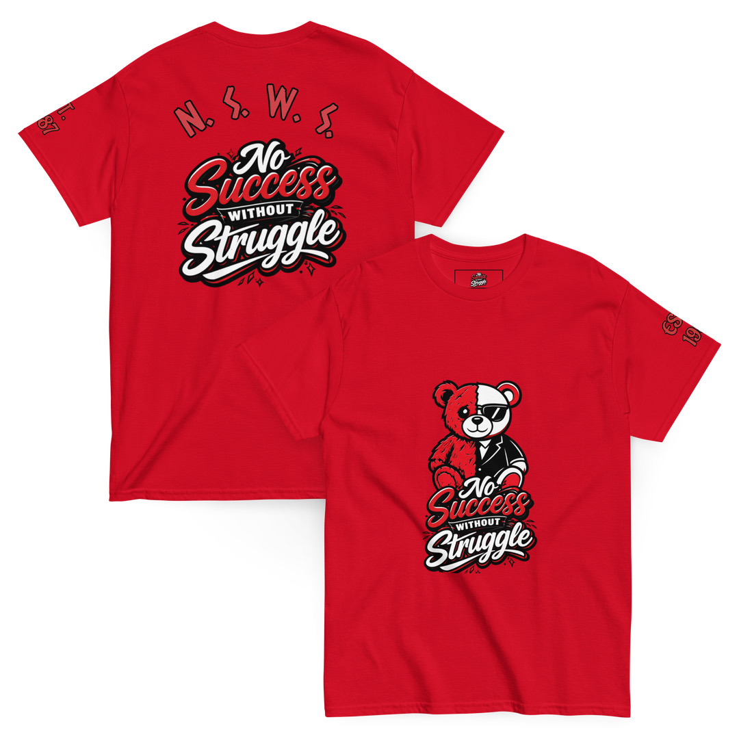 Red T-shirt with a bear graphic and motivational text, front and back views.