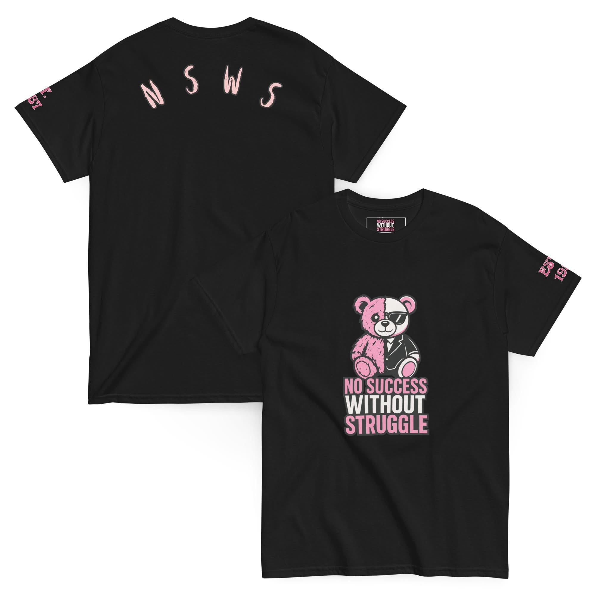 Black T-shirt with pink and white text and graphics, featuring a bear and the phrase 'No Success Without Struggle'.